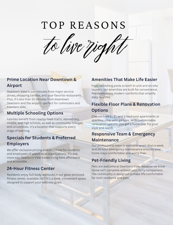 A poster detailing the top reasons to live at a location called Dearborn View.