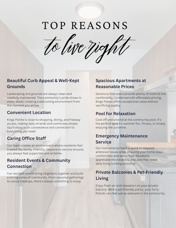 A poster detailing the top reasons to live in a certain location, including beautiful grounds, spacious apartments, and a caring community.