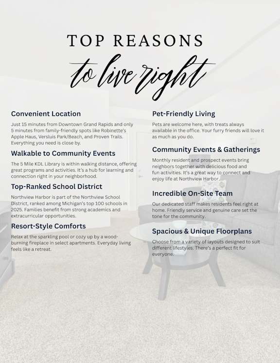 A poster detailing the top reasons to live in a particular area, including conveniences, pet-friendliness, community events, school district ranking, and unique features.