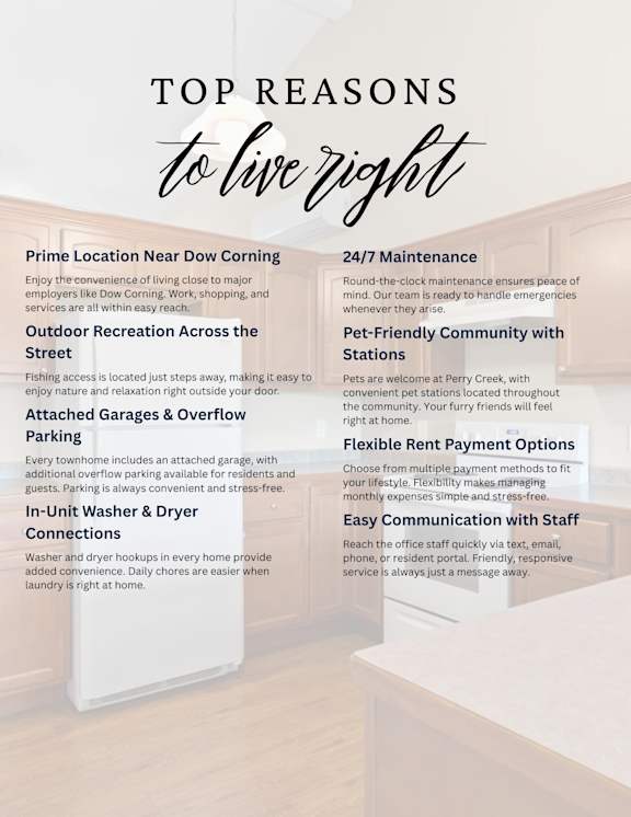 A poster listing the top reasons to live at a particular location, including amenities like 24/7 maintenance and pet-friendly community.