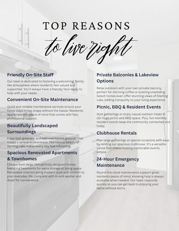 A flyer detailing the top reasons to live at a particular residence.