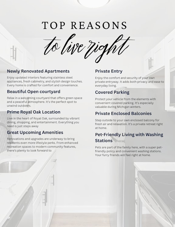 A poster advertising the top reasons to live in a particular location, highlighting features such as newly renovated apartments, a beautiful open courtyard, and private enclosed balconies at The Park
