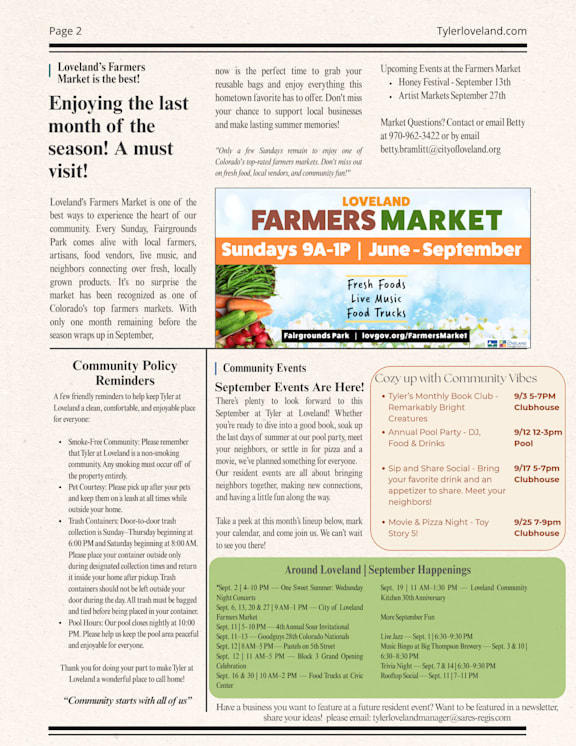 A flyer for the Farmer's Market in Loveland, Colorado, advertising events and policies.