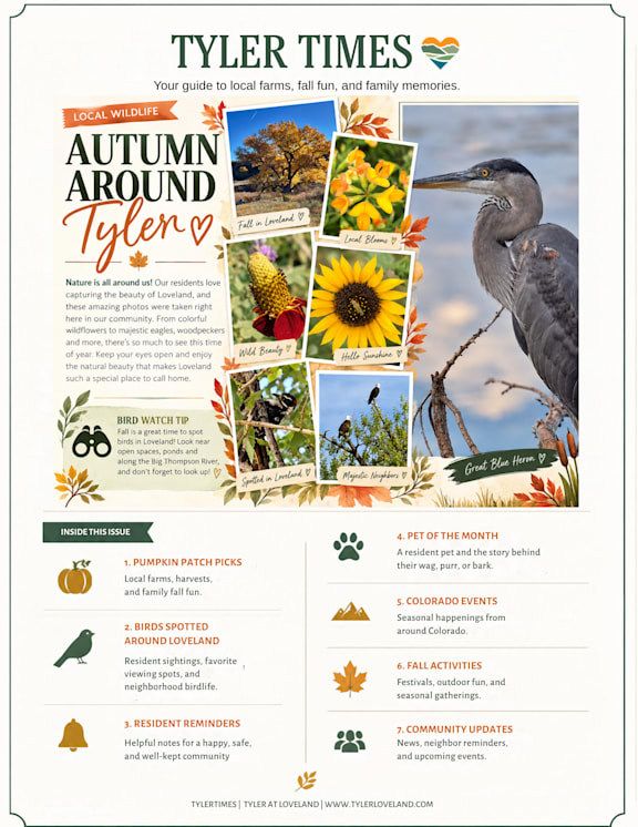 A poster advertising local wildlife and autumn activities in Tyler, Texas.