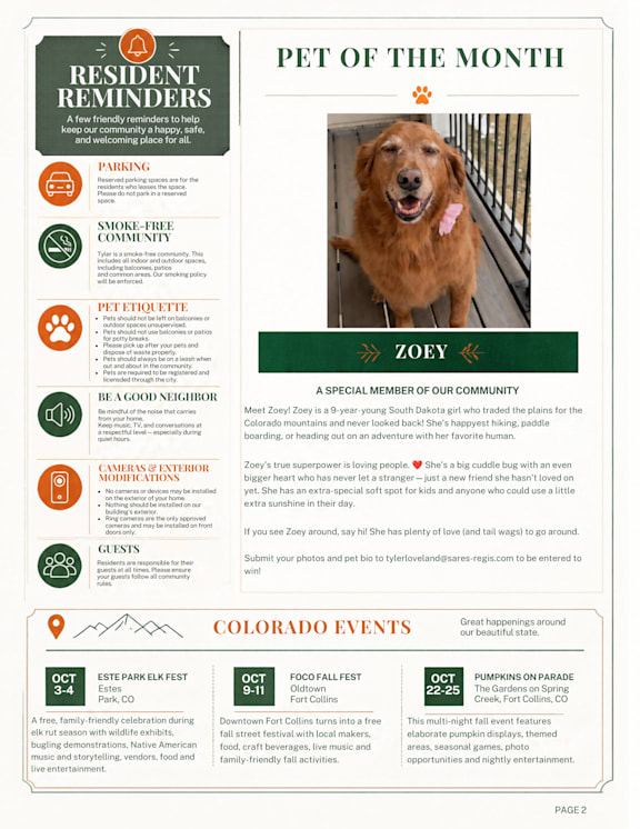 A poster with a dog named Zoey featured as the Pet of the Month.