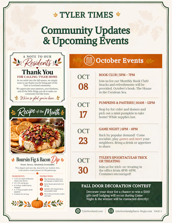A flyer for the Tyler Times Community Updates & Upcoming Events.