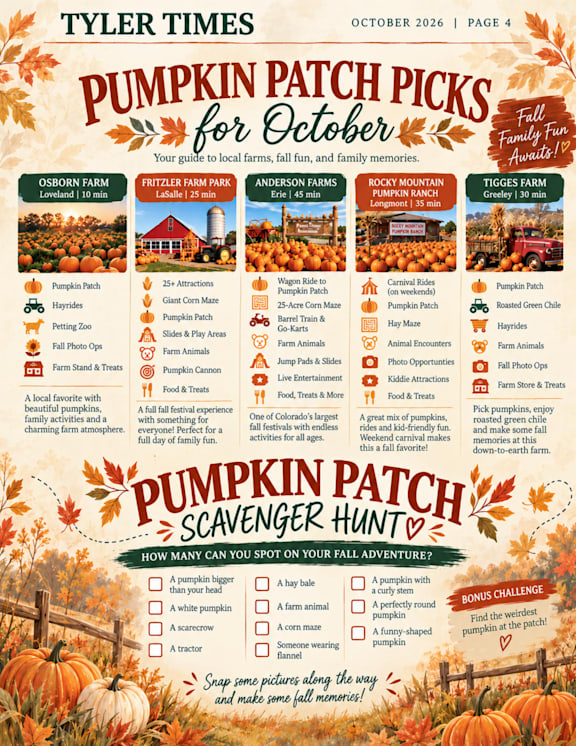 A poster advertising pumpkin patches for October with a scavenger hunt challenge.