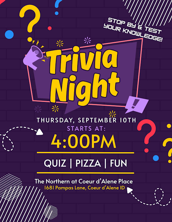A vibrant poster advertises a Trivia Night event on Thursday, September 10th at 4:00 PM at The Northern at Coeur d'Alene Place.