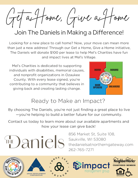 An advertisement for The Daniels apartments, which donates a portion of lease payments to local charities at The Daniels at Northern Gateway Apartments, Saukville, Wisconsin, 53080