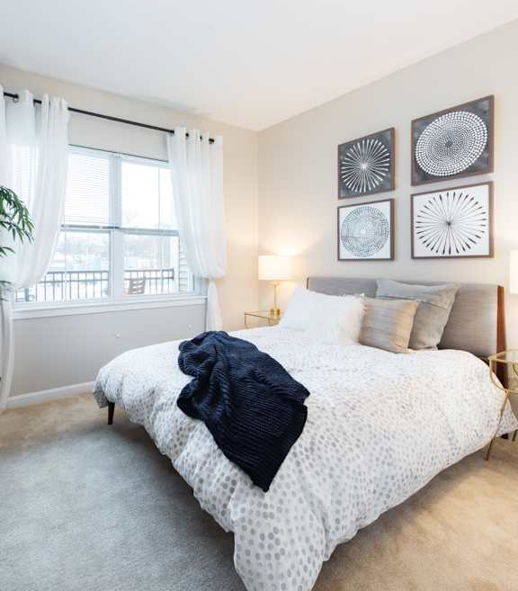 A room with a grey carpet and a white wall with a framed picture hanging on it.