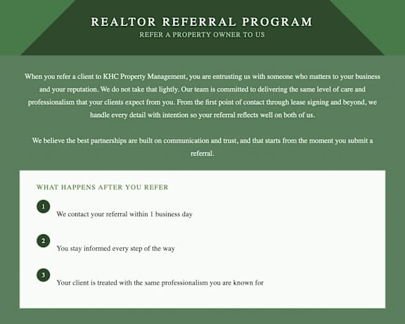A green and white flyer for a Realtor Referral Program.