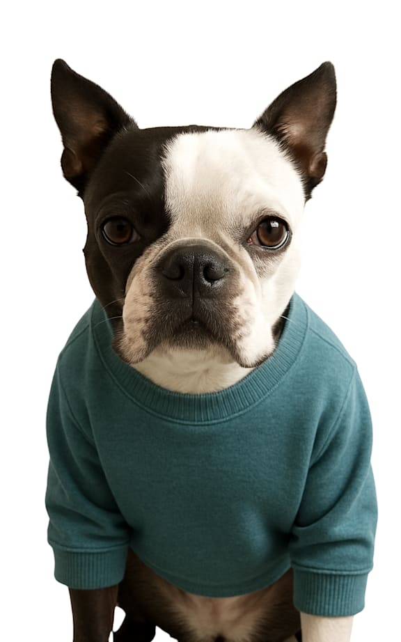 A dog wearing a yellow hat and orange shirt.