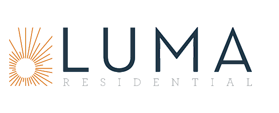 The image is a logo for Luma Residential, featuring a sunburst design.