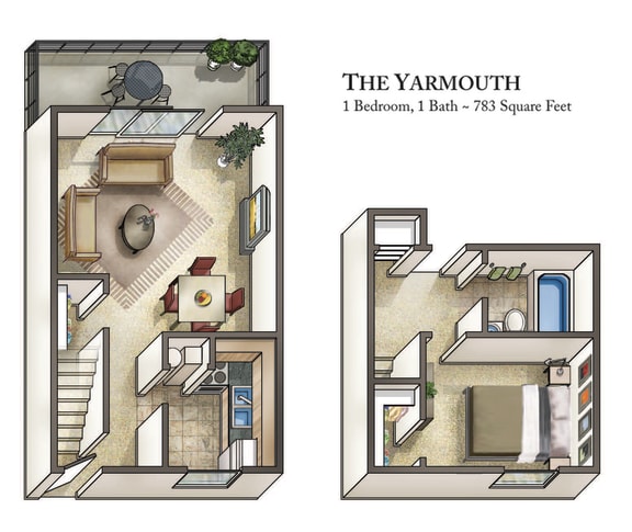 The Yarmouth 1 Bedroom Floor Plan at Staples Mill Townhomes, Richmond, VA
