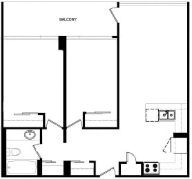 Two bedroom, one bathroom apartment layout at Main Square in Toronto, ON