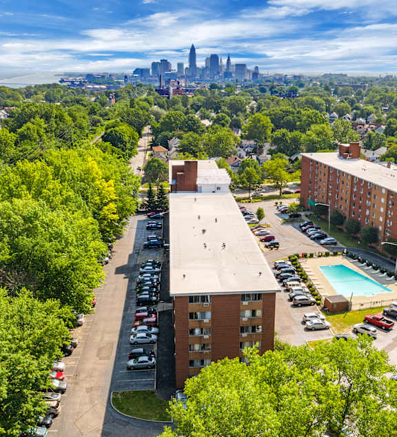 A view of a city skyline from a high vantage point.