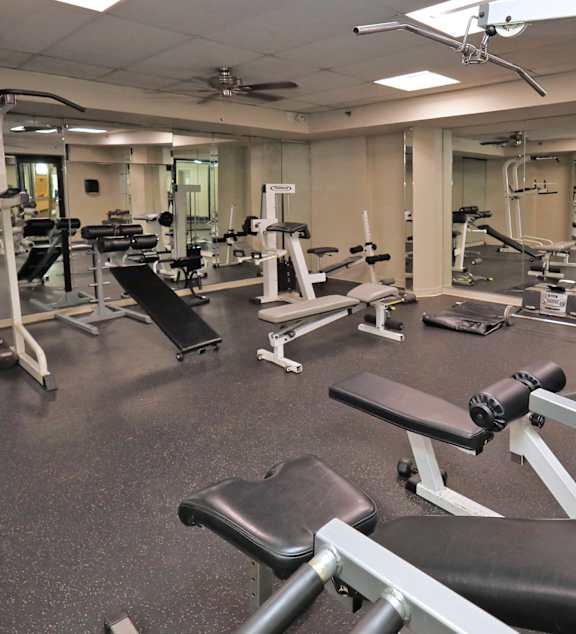 A gym with a variety of equipment including weights and benches.