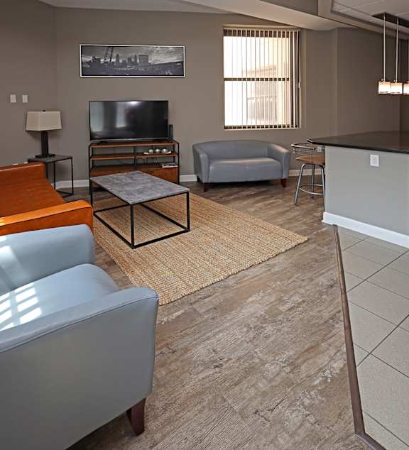 A living room with a grey couch, a coffee table, and a television.