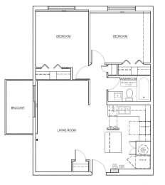 Two bedroom, one bathroom apartment layout at Oakdale Heights in St. Catharines, ON