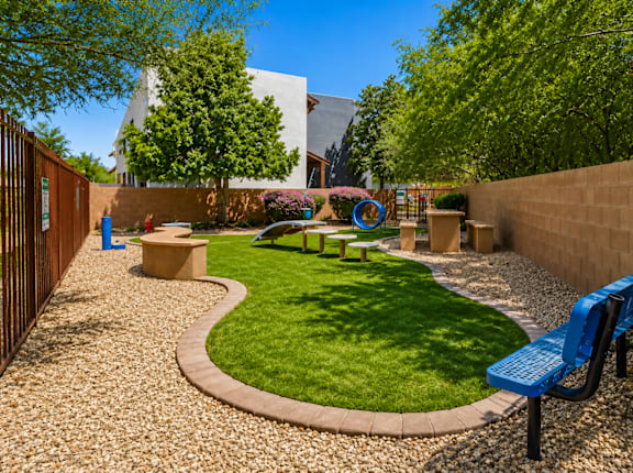 A small garden with a bench and a playground.