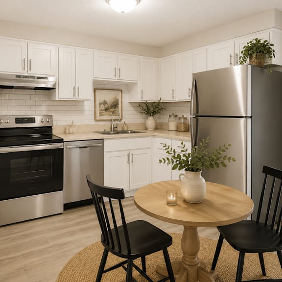 A modern kitchen with a table and chairs.