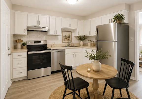 A modern kitchen with a table and chairs.