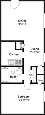 this is a drawing of the kitchen and living room of a 1 bedroom apartment to rent at