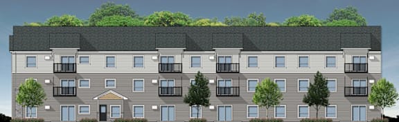 A rendering of a multi-story apartment building with balconies and trees in the background.