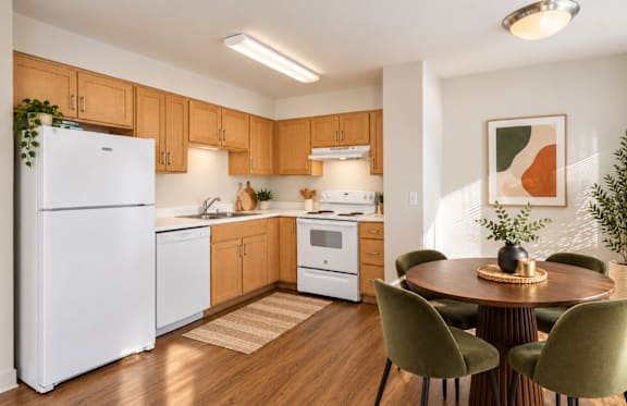 A kitchen with a white refrigerator, wooden cabinets, and a round table with chairs.