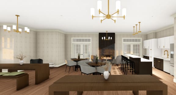 a rendering of a large room with a table and chairs and chandeliers