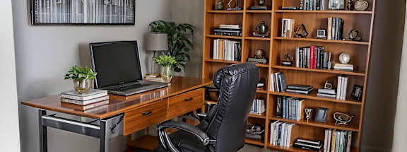 a home office with a desk and a book shelf