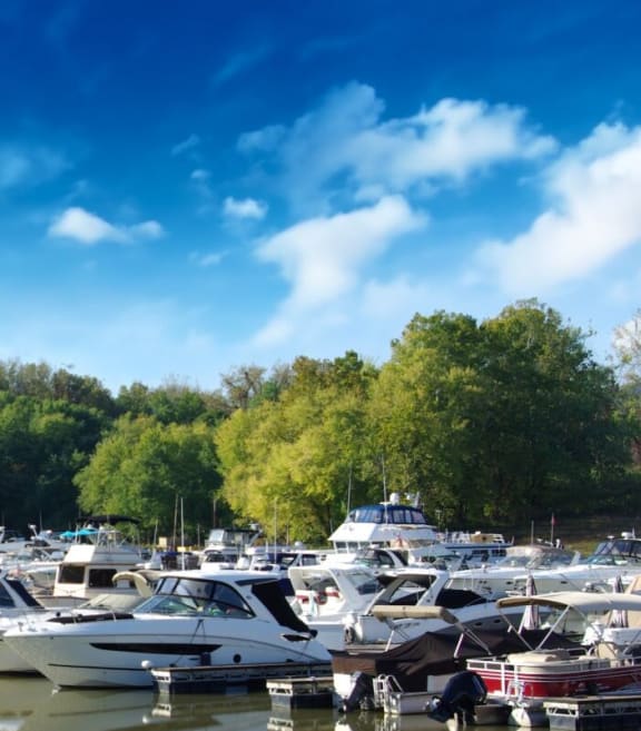 a marina filled with boats on a lake