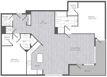 A floor plan of a house with a living room, two bedrooms, a powder room, a den, a kitchen, a balcony, and a walk-in closet.