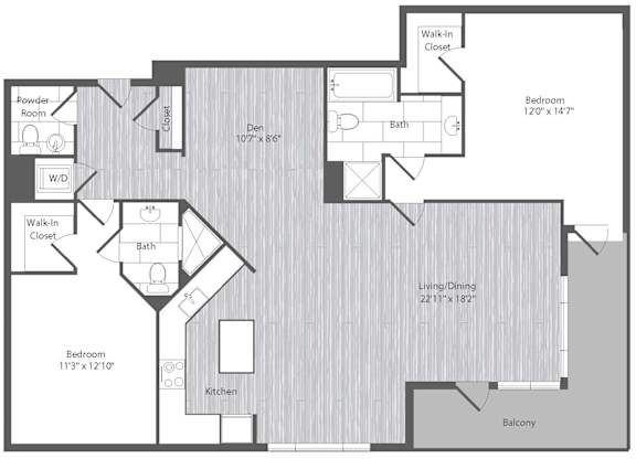 A floor plan of a house with a living room, two bedrooms, a powder room, a den, a kitchen, a balcony, and a walk-in closet.