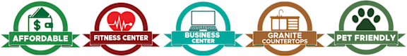 A row of five circular logos with different attributes such as affordable, fitness center, business center, granite countertops, and pet friendly.