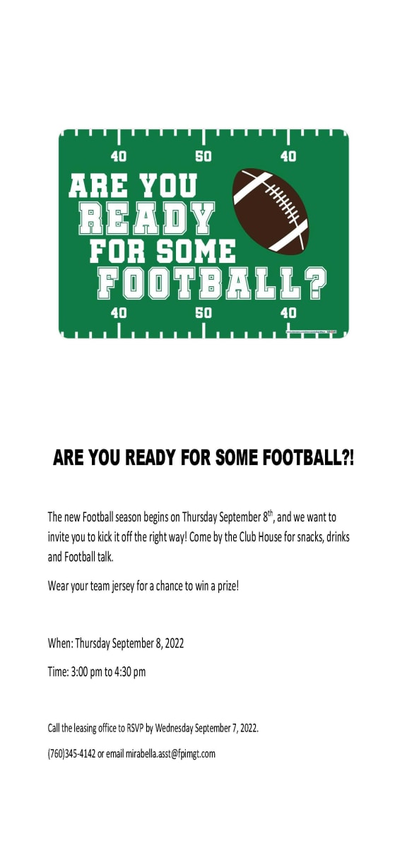 2022 Football event flyer at Mirabella Apartments, CA, 92203