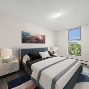 a bedroom with a bed and a window