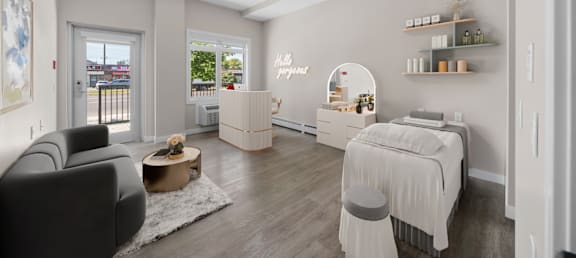 a living room with a bed and a couch