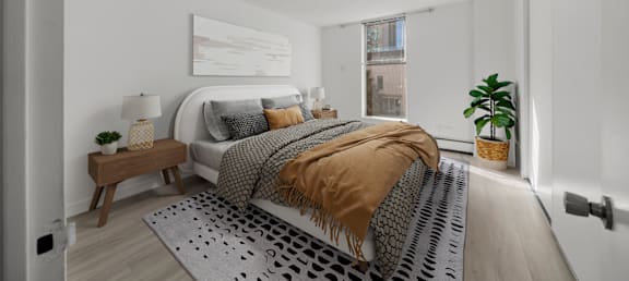 a bedroom with a bed and a rug