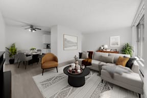 a living room with a couch and a table