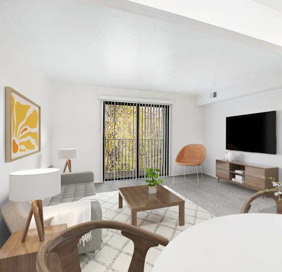 A living room with a slider to a balcony at Foxwood and The Hermitage, Portage, Michigan