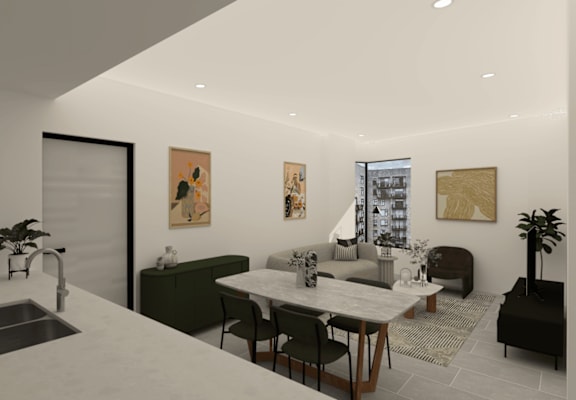 A modern kitchen with a dining table and chairs.