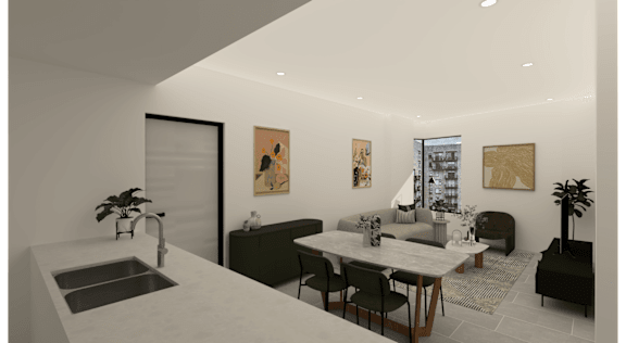 A modern kitchen with a dining table and chairs.