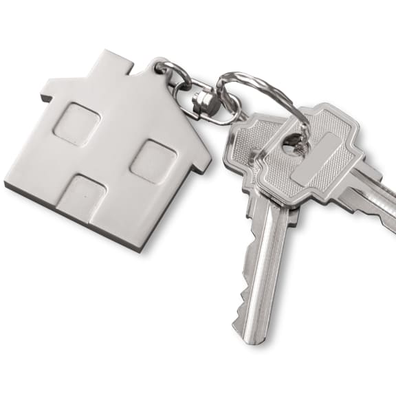 a pair of keys with a house keychain