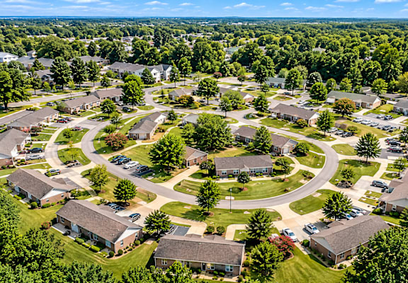 A bird's eye view of a residential neighborhood with houses and trees.