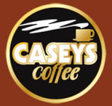 A logo for Caseys Coffee with a cup and coffee beans.