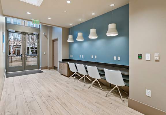 a room with a row of white chairs in front of a blue wall and a glass door