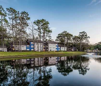 a view of a lake near a building