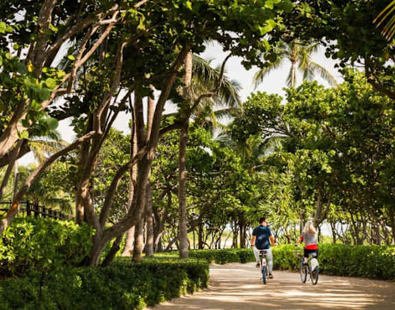 Two people riding bikes on a path surrounded by trees.
