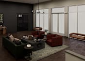 Thumbnail 2 of 6 - A living room with a green couch, a coffee table, and a red ottoman.